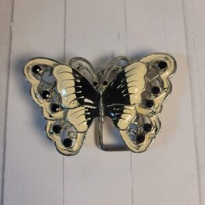 Vintage Butterfly Belt Buckle Black Cream Enamel Silver Tone Rhinestone Filigree